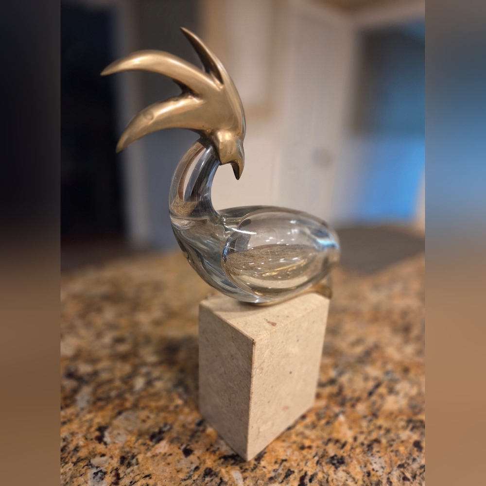 Rare Find Elegant Glass And Brass Bird Sculpture On Marble Base